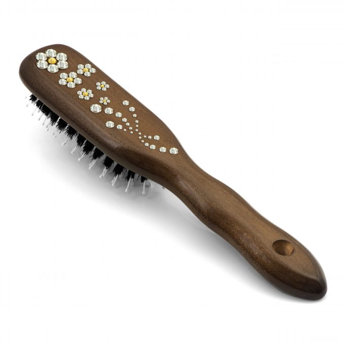 Mont Bleu Wood Hair Brush with Boar Bristles and Swarovski Crystals - Flowers