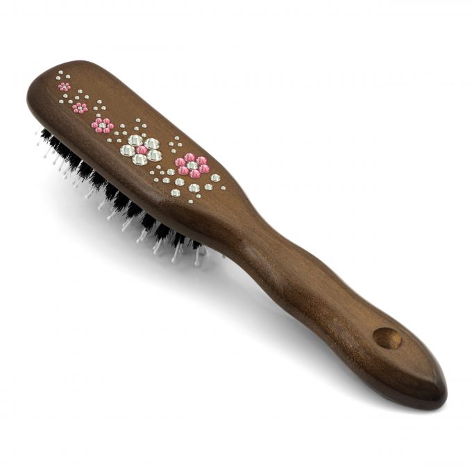 Mont Bleu Wood Hair Brush with Boar Bristles and Swarovski Crystals - Blossom
