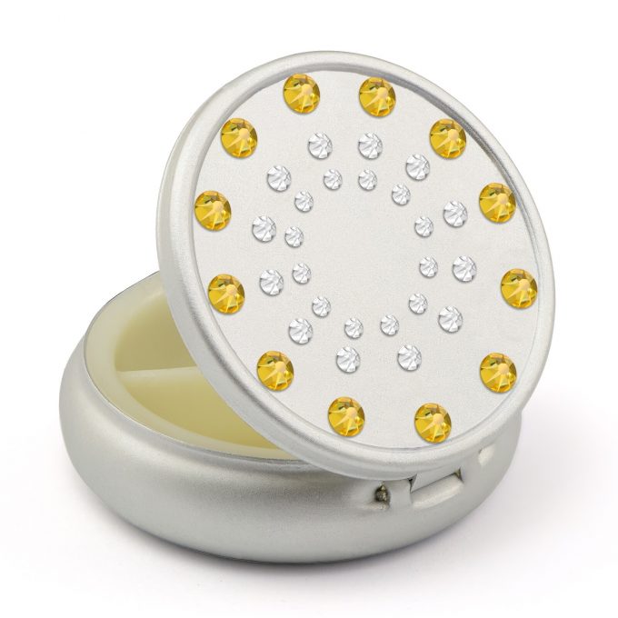 Pill Box in Silver Color with Swarovski Crystals Sun Design