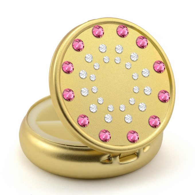 Pill Box in Gold Color with Swarovski Crystals Sun Design