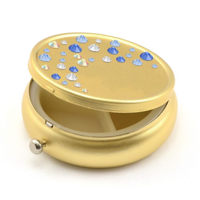 Pill Box in Gold Color with Swarovski Crystals Waterfall Design