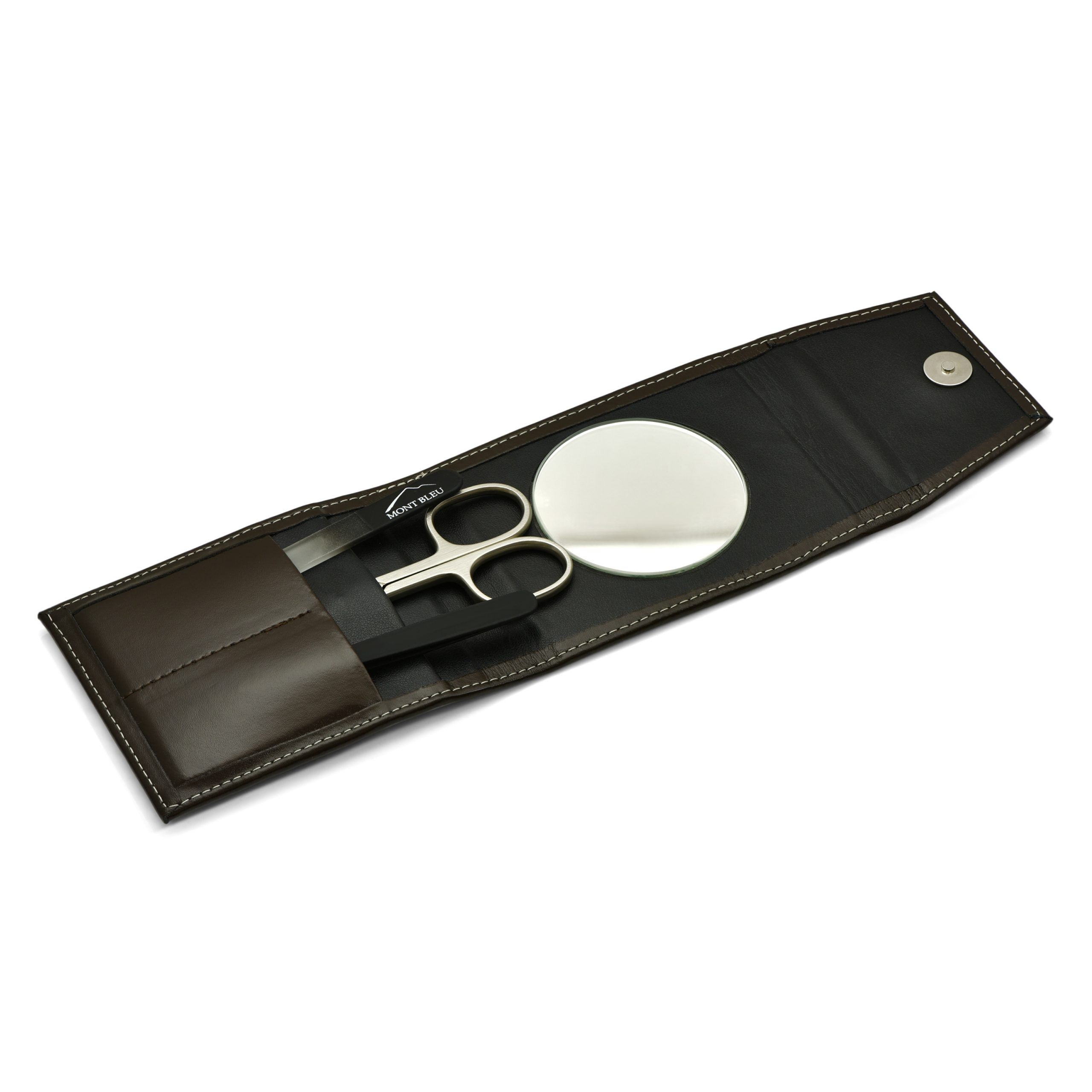 Mont Bleu 3-piece Manicure Set in a Premium Umber Brown Leather Case with Mirror & Crystal Nail File