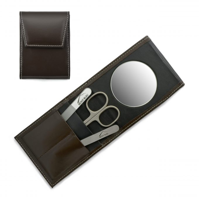 Mont Bleu 3-piece Manicure Set in a Premium Umber Brown Leather Case with Mirror & Crystal Nail File