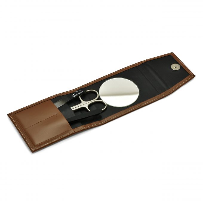 Mont Bleu 3-piece Manicure Set in a Premium Light Brown Leather Case with Mirror & Crystal Nail File