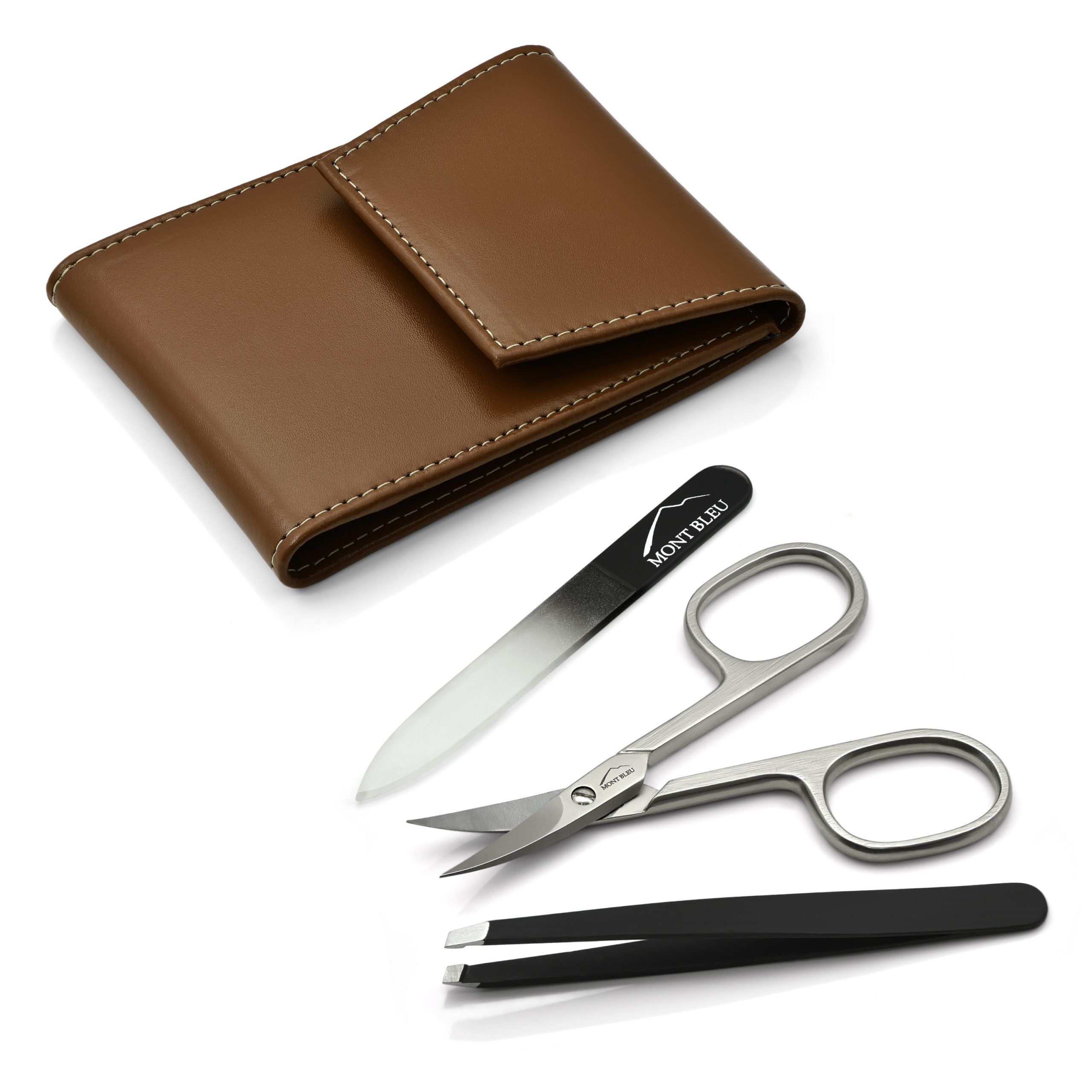 Mont Bleu 3-piece Manicure Set in a Premium Light Brown Leather Case with Mirror & Crystal Nail File