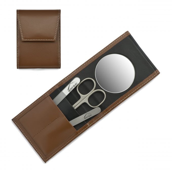 Mont Bleu 3-piece Manicure Set in a Premium Light Brown Leather Case with Mirror & Crystal Nail File