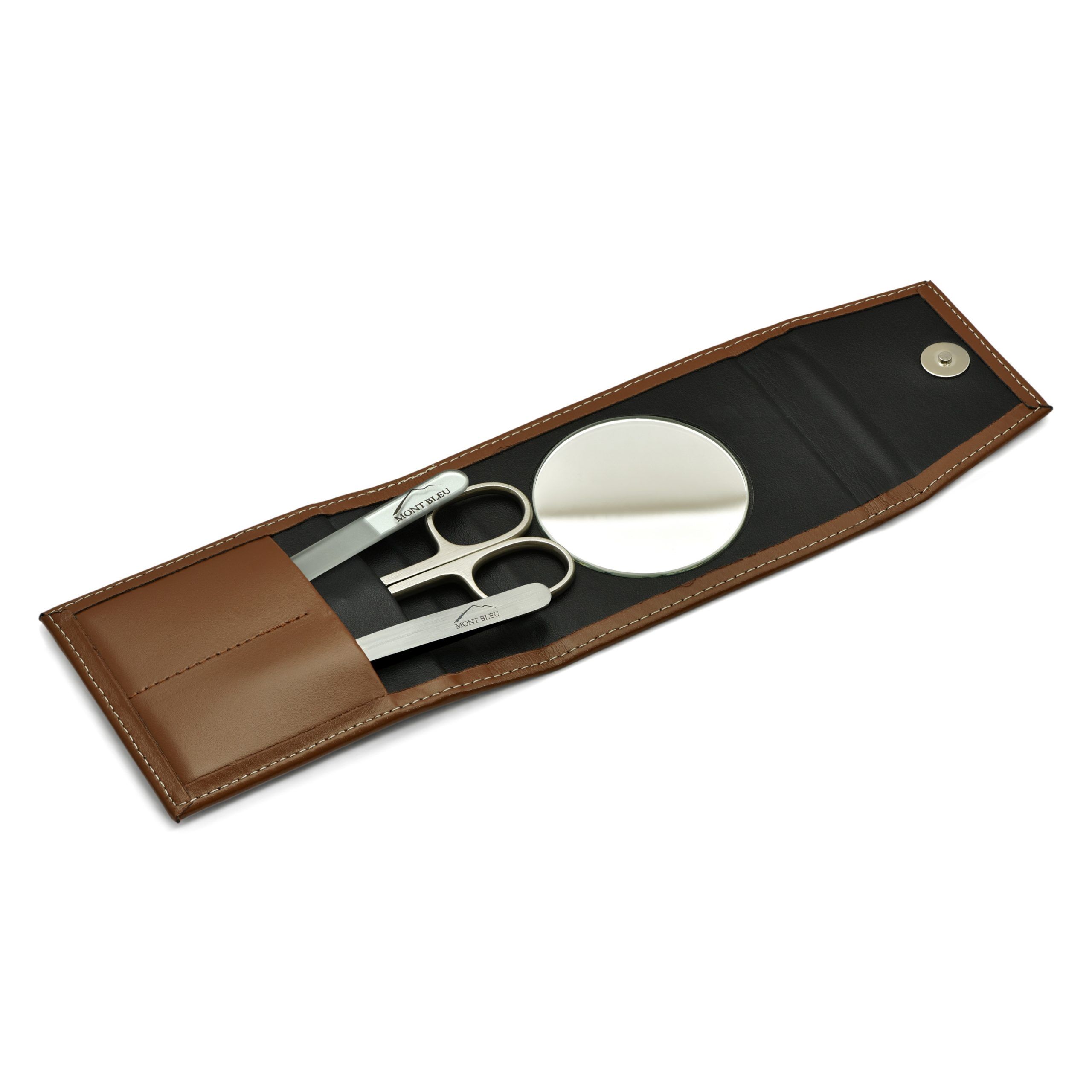 Mont Bleu 3-piece Manicure Set in a Premium Light Brown Leather Case with Mirror & Crystal Nail File