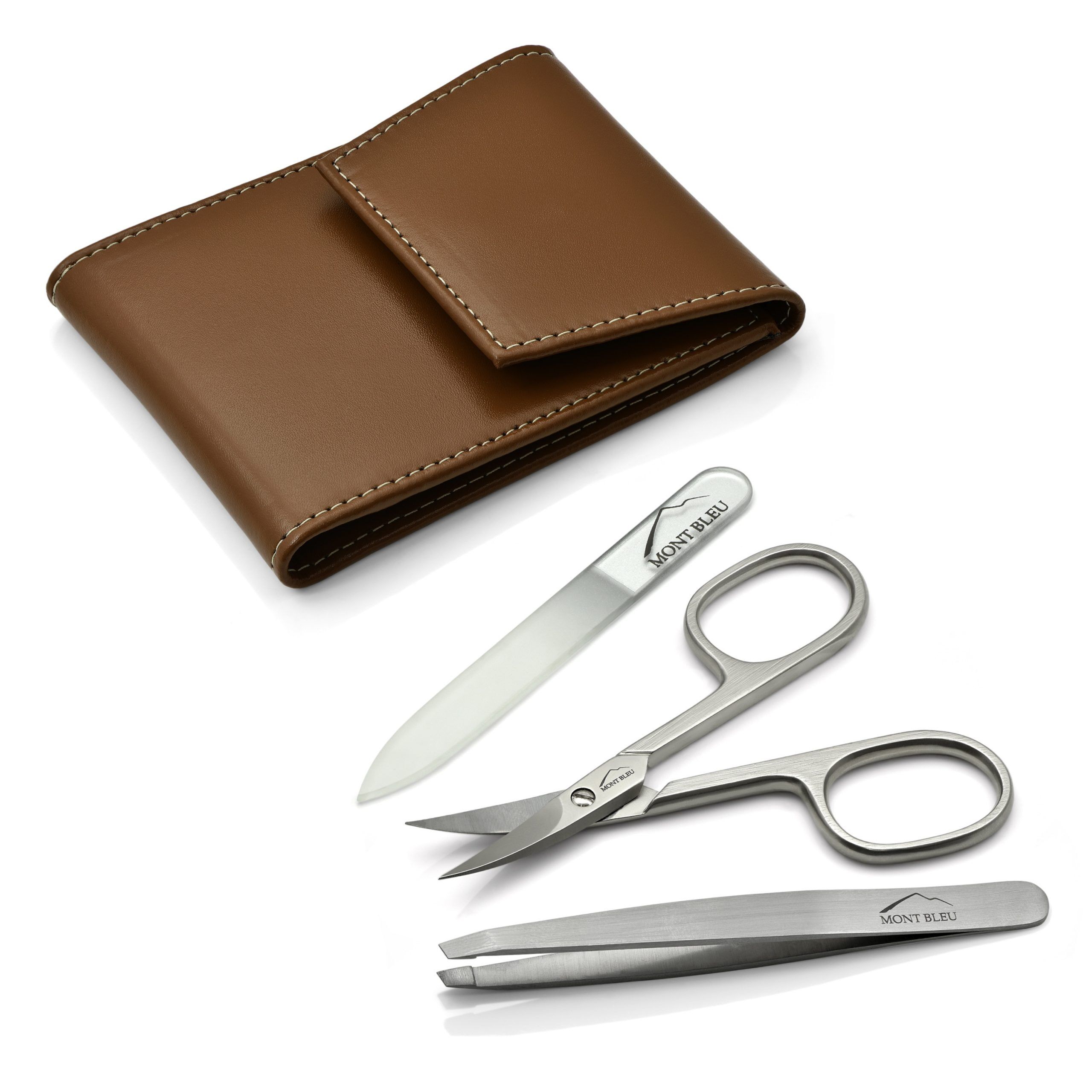 Mont Bleu 3-piece Manicure Set in a Premium Light Brown Leather Case with Mirror & Crystal Nail File