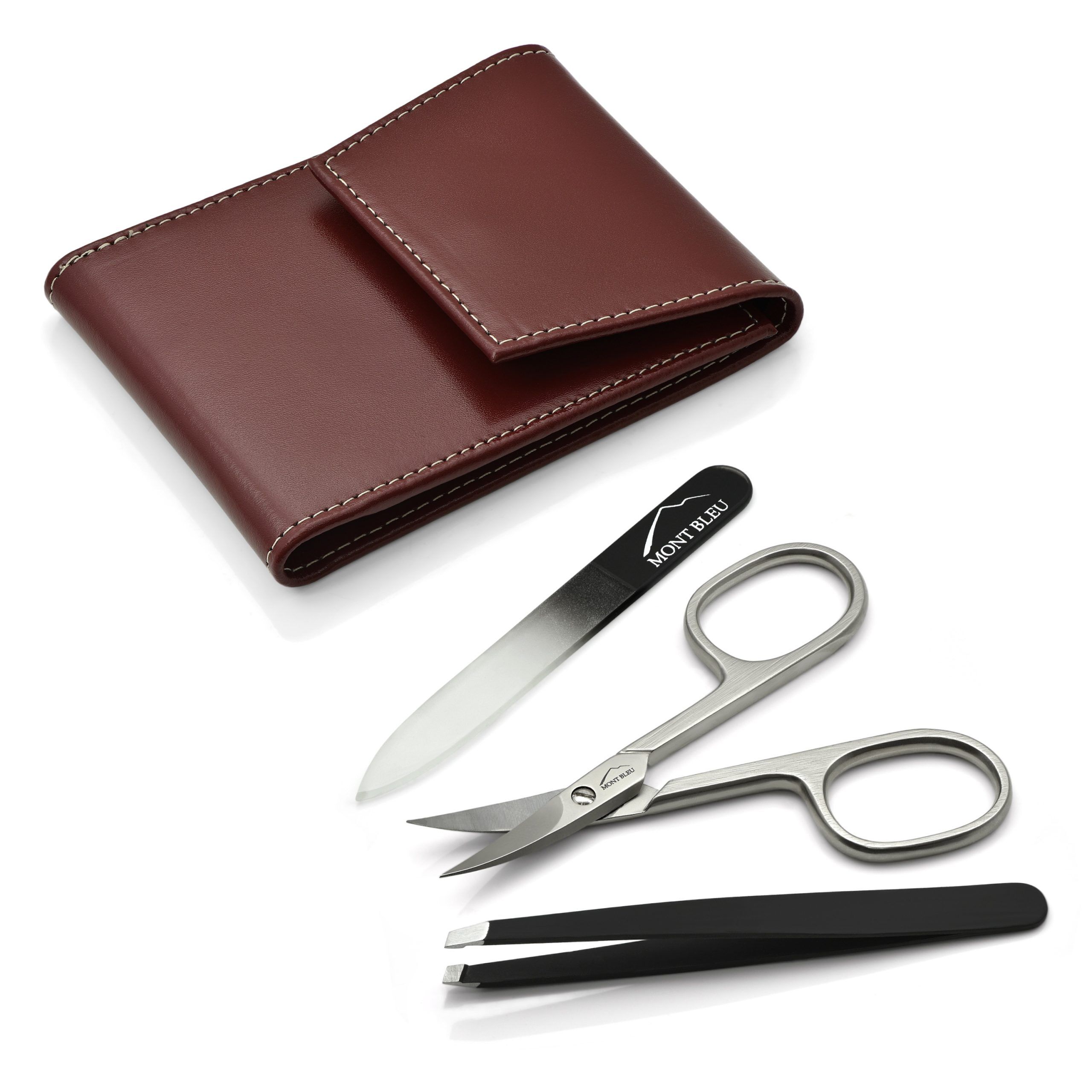Mont Bleu 3-piece Manicure Set in a Premium Red Leather Case with Mirror & Crystal Nail File